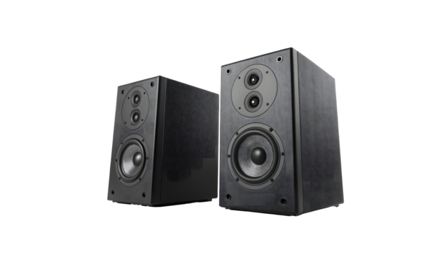 Two modern black bookshelf speakers with dual drivers isolated on transparent background