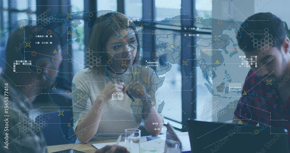 Aufkleber team collaborating while animated analytics map emerging after pen gesture in business meeting