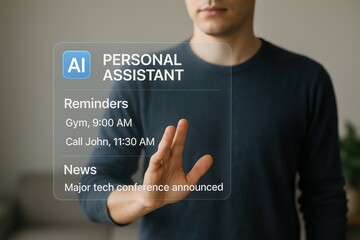 Person using an AI personal assistant for reminders and news.