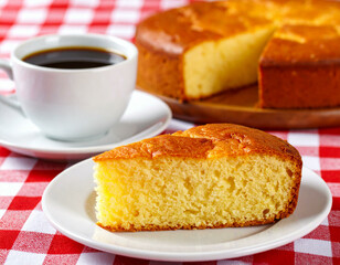Slice of Buttery Yellow Cake with Coffee on Red Gingham - High-quality stock image for commercial use