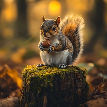 A squirrel holding an acorn on a mossy tree stum