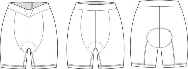 Vector flat sketch of padded cycling shorts front and back technical view, cad drawing sportswear fashion design illustration template