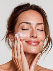 young woman applying cream on her face