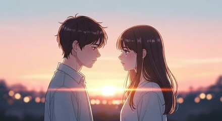  Anime Couple Sharing a Tender Gaze at Sunset
