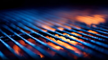 Obraz premium Glowing charcoal embers on a metal grill, fiery warmth in focus 