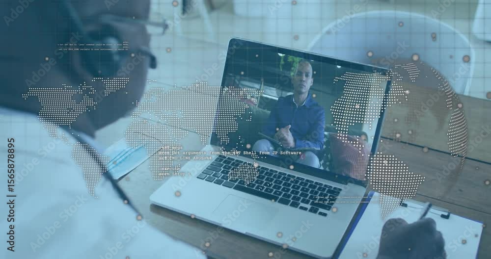 Aufkleber business consultant starting business call and capturing key points as map overlay animates