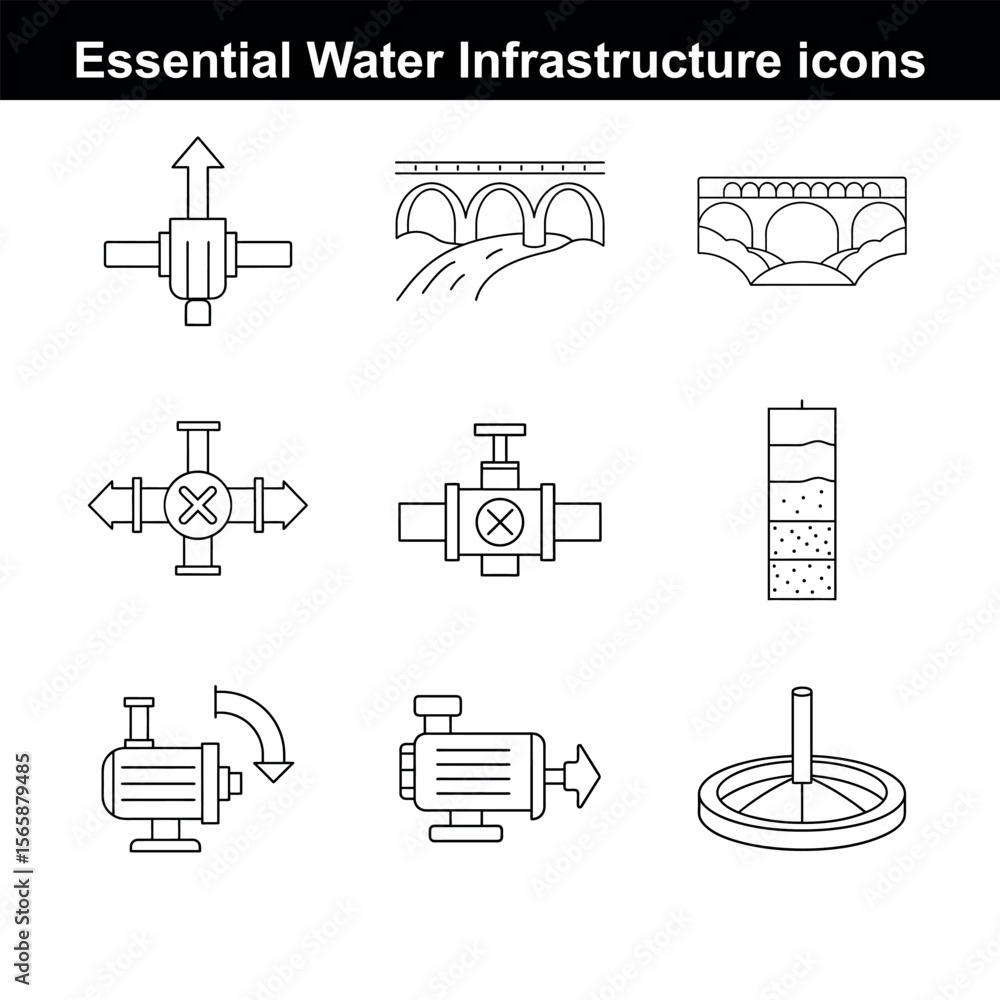 Poster flow & function water infrastructure line icons set