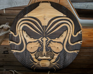 varnished headpiece, stylized mask, collage of marine animals, natural wood, handmade, teak