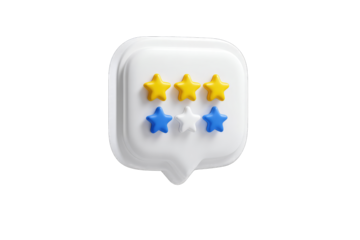 White speech bubble with 3 yellow, 2 blue, and 1 white star rating