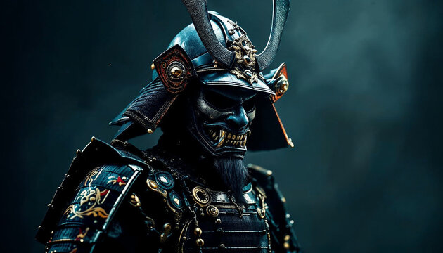 Samurai with Oni devil mask in detailed armor, backlit low-key	