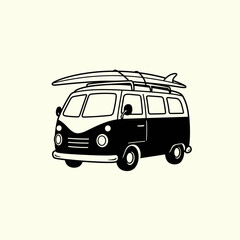 Black-and-white line art of a classic camper van with a surfboard on top, evoking retro beach vibes and carefree travel.