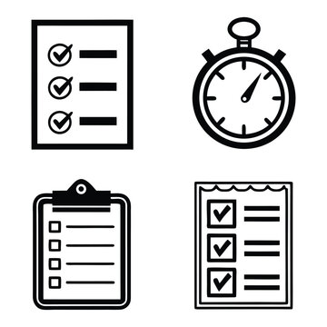 Exam and Assessment Icons &ndash; Question Paper, Scorecard, Stopwatch &ndash; Solid Black Vector Set