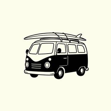 Naklejki Black-and-white line art of a classic camper van with a surfboard on top, evoking retro beach vibes and carefree travel.