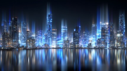 Futuristic Cityscape at Night: Neon Lights Reflecting on Calm Waters