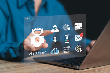 AI Scammer, Cyber ​​fraud, Artificial Intelligence Technology and Illegal Use concept, Business Women beware of cyber fraud, Password security protection, Banking, Data, Fake Voice, Fake news,Internet