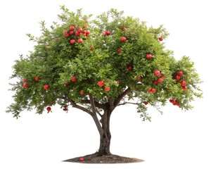 Pomegranate Tree Full of Ripe Red Fruits Isolated on White Background