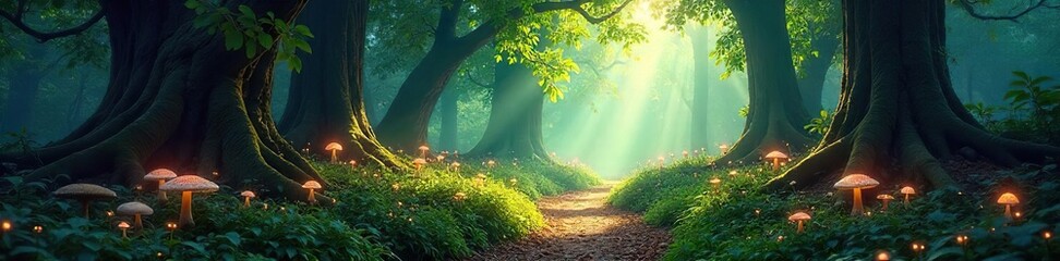 Mystical Woodland Path Dappled Sunlight Illuminates Glowing Flora and Hidden Mushrooms in an Enchanting Fantasy Forest