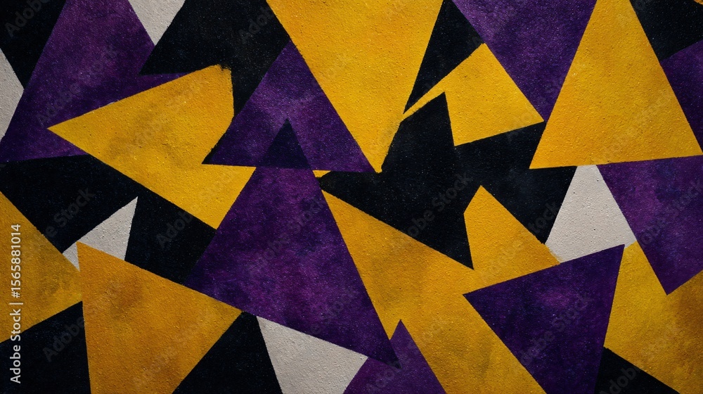 Poster dynamic geometric abstraction features playful triangles in black, yellow and purple creating