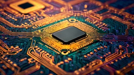 Close-Up of Computer Motherboard with Glowing Orange Circuits and CPU – Futuristic Hardware Design Symbolizing Advanced Technology, Digital Power, and System Innovation