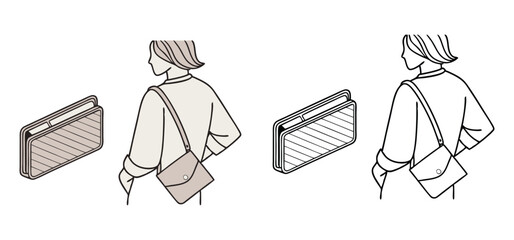 Minimalist illustration of a person with a handbag and a stylish isometric wallet design aesthetic
