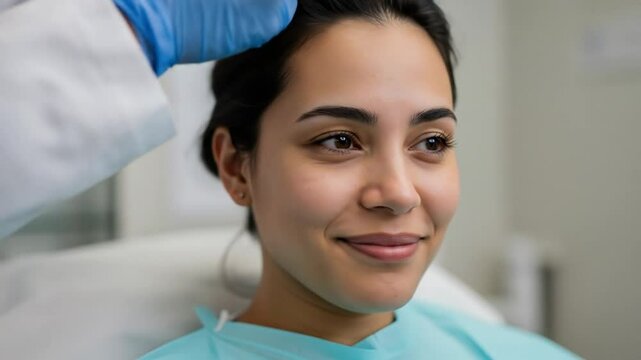A serene patient expression is captured in a well-lit medical exam room with soft side keylight creating natural tones.