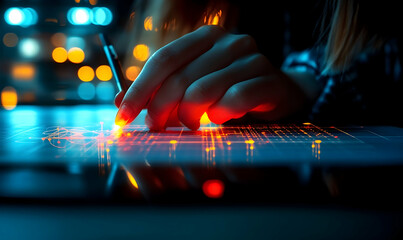 Illuminated fingertip touches glowing digital interface, creatin