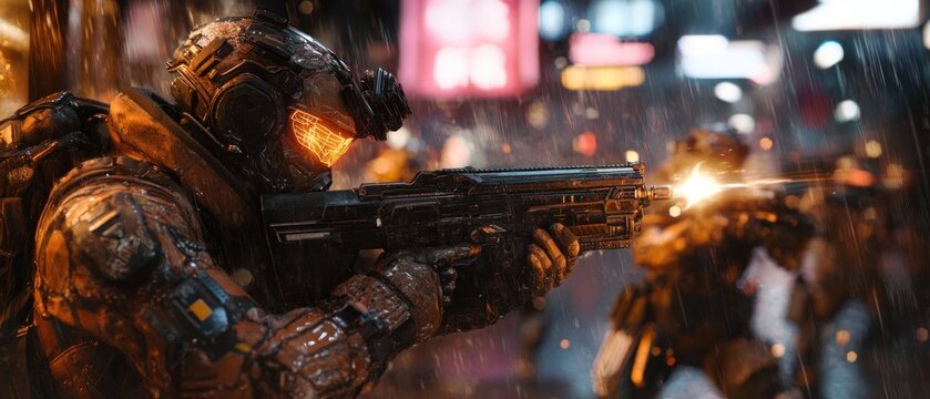 Fototapeta Futuristic soldier in heavy combat gear shooting a weapon in the city at night