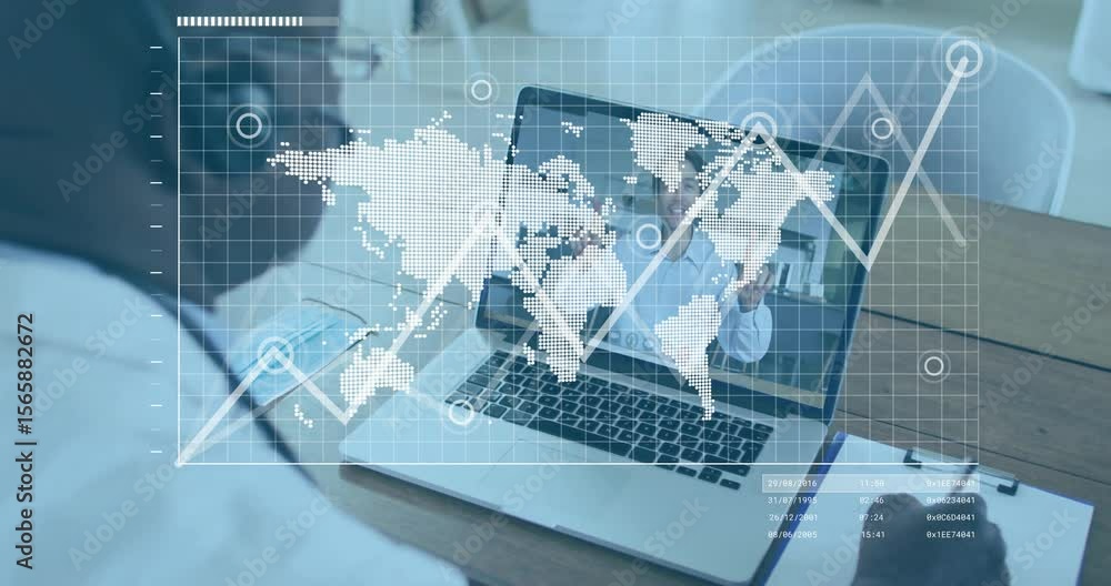 Aufkleber headset-clad man tapping phone during finance call with animated translucent map tracing line chart