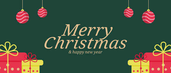 Elegant Merry Christmas banner with gift boxes and hanging ornaments on a dark green background. Ideal for holiday greeting cards, website banners, and social media posts.