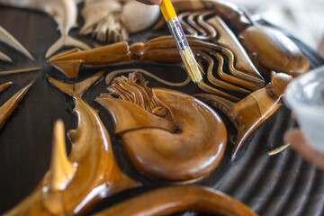 varnished headpiece, stylized mask, collage of marine animals, natural wood, handmade, teak