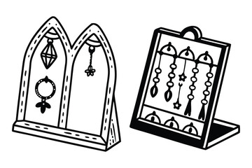 Simple black and white illustrations depicting a pair of jewelry display stands showcasing different earring designs for a store