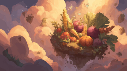 Heavenly cornucopia overflowing with harvest abundance in golden clouds - perfect for Thanksgiving gratitude and seasonal celebration themes