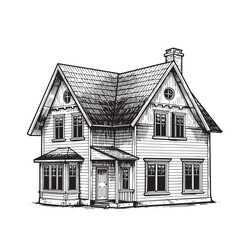 Detailed hand drawn illustration of a classic two story american home with a gabled roof and architectural details