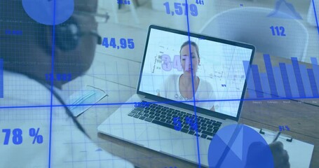 Doctor receiving consultant call, taking notes and using animated finance charts for budget review - Powered by Adobe