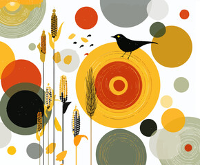 Mid-century modern thanksgiving illustration with corn stalks, bird and retro geometric circles - vintage autumn harvest design concept