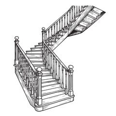 Hand drawn illustration of a detailed wooden staircase with banisters in black and white perspective view