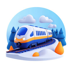 Fototapeta premium Colorful 3D train navigating through a snowy landscape