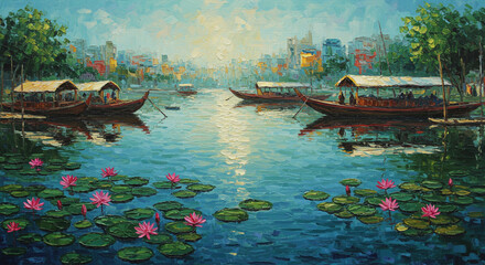Obraz premium Lakeside Serenity with Boats: A vibrant painting showcases traditional boats gliding gracefully across a tranquil lake, framed by blooming lotuses and a distant cityscape, creating a serene escape.