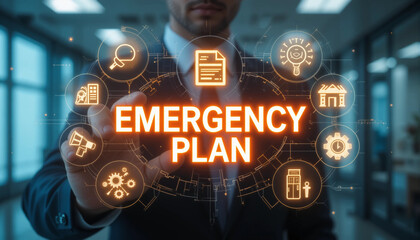Businessman touching EMERGENCY PLAN text button to learn and prepare in emergency situation. Concept of emergency response plan.new technology