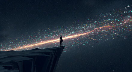 Silhouette of person standing near cosmic cliff edge gazing at space horizon and celestial lights
