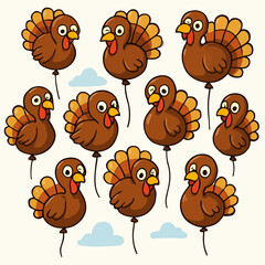 Turkey balloons floating with clouds for Thanksgiving celebration