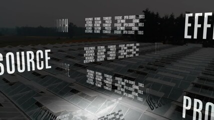 Opening with aerial view over solar panels text cluster fading, rotating, showcasing research - Powered by Adobe
