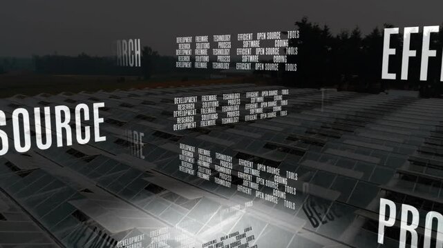 Opening with aerial view over solar panels text cluster fading, rotating, showcasing research