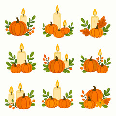 Autumn pumpkins candles foliage arrangement set