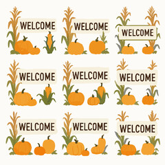 Autumn welcome sign with pumpkins and corn harvest