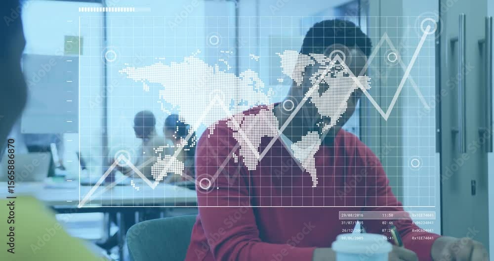 Poster business colleagues initiating global data insight with world map fading in and line graph evolving