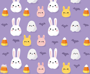 Cute kawaii Halloween seamless pattern with adorable bunnies, ghosts, candy corn and bats on purple background - perfect for kids designs