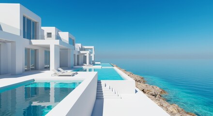 Fototapeta premium Modern White Villas with Pools Overlooking Azure Ocean and Sky