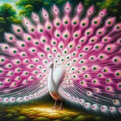 A painting of beautiful birds on a background of colorful plumage and serene nature.