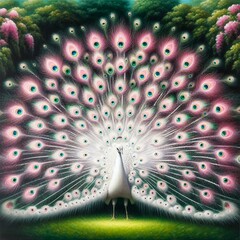 A painting of beautiful peacock on a background of lush greenery and vibrant feathers.
